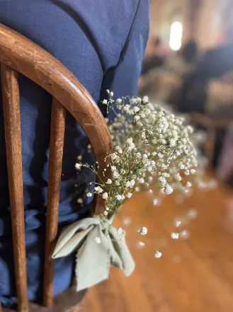Babys breath floral chair back sage green ribbon