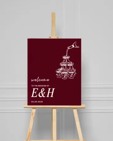 Burgundy champagne tower welcome sign