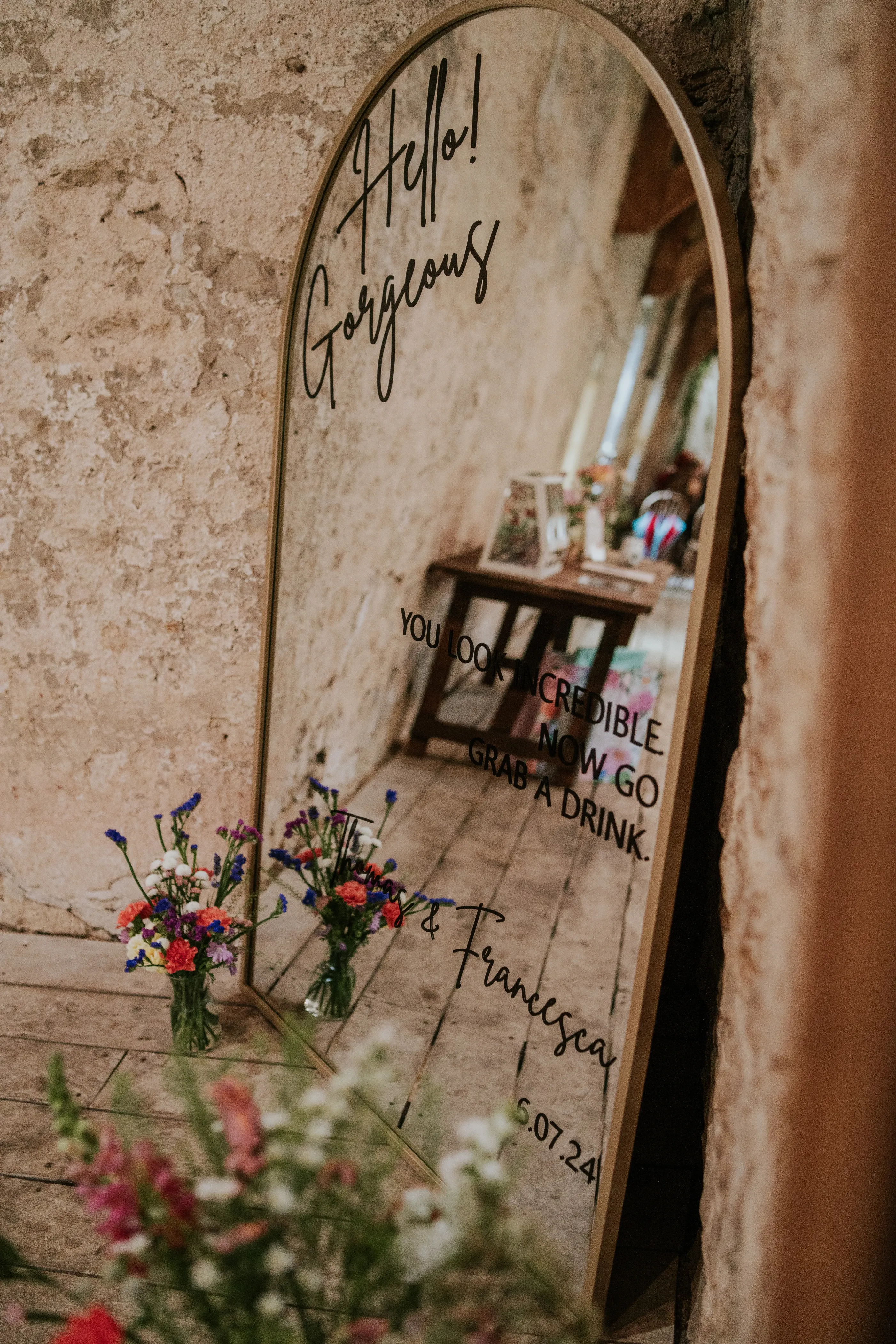 Hello gorgeous calligraphy welcome mirror