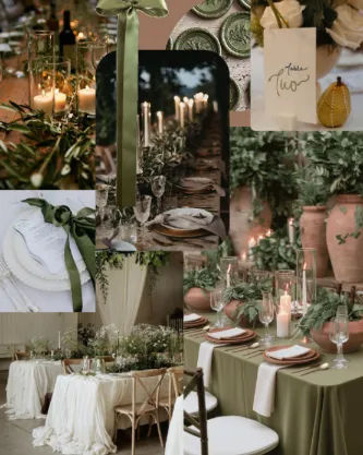 Olive green and neutral wedding styling mood board