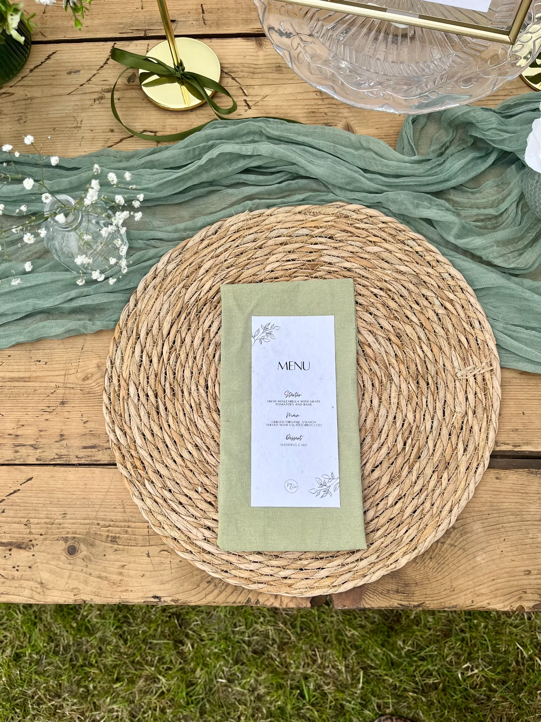 Woven rattan placemat sage green menu setting